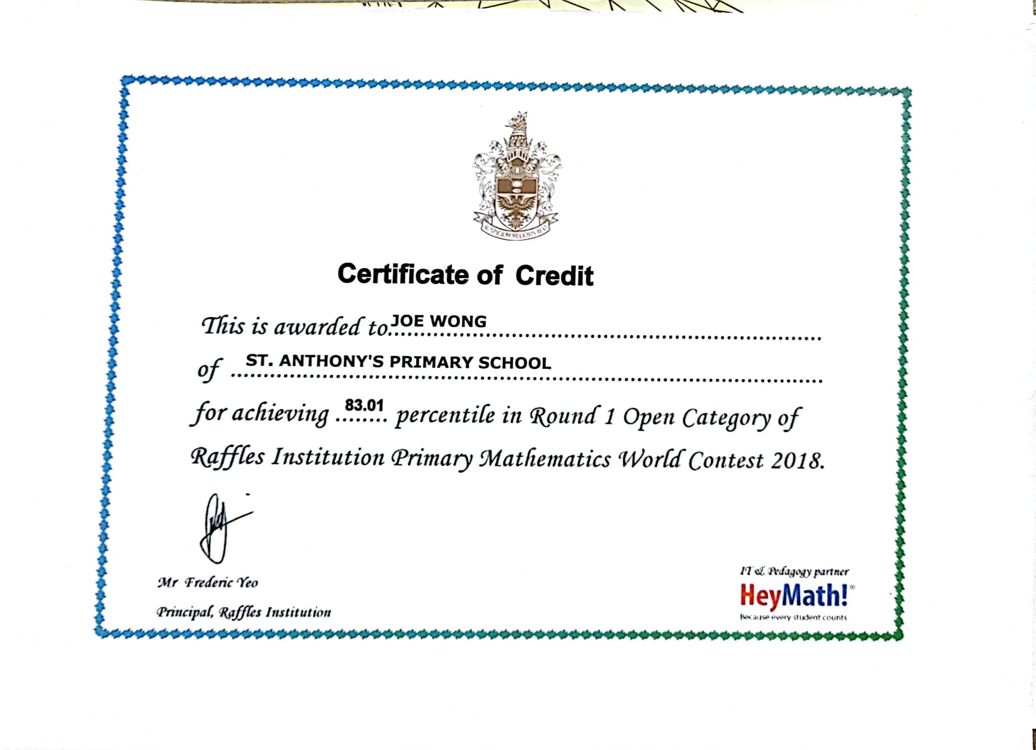 Certificate of Raffles Institution Primary Mathematics World Contest
